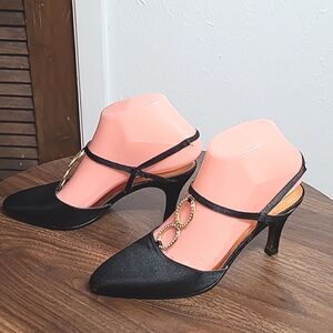 The PM Collection 9-2-5, Black Leather Heels, Faux Diamond Circles,Sz 6.5 Shoes